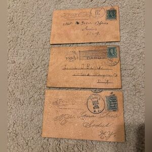 3 Leather Vintage Postcards- Benjamin Franklin Green Error Cut Stamps (used) ￼